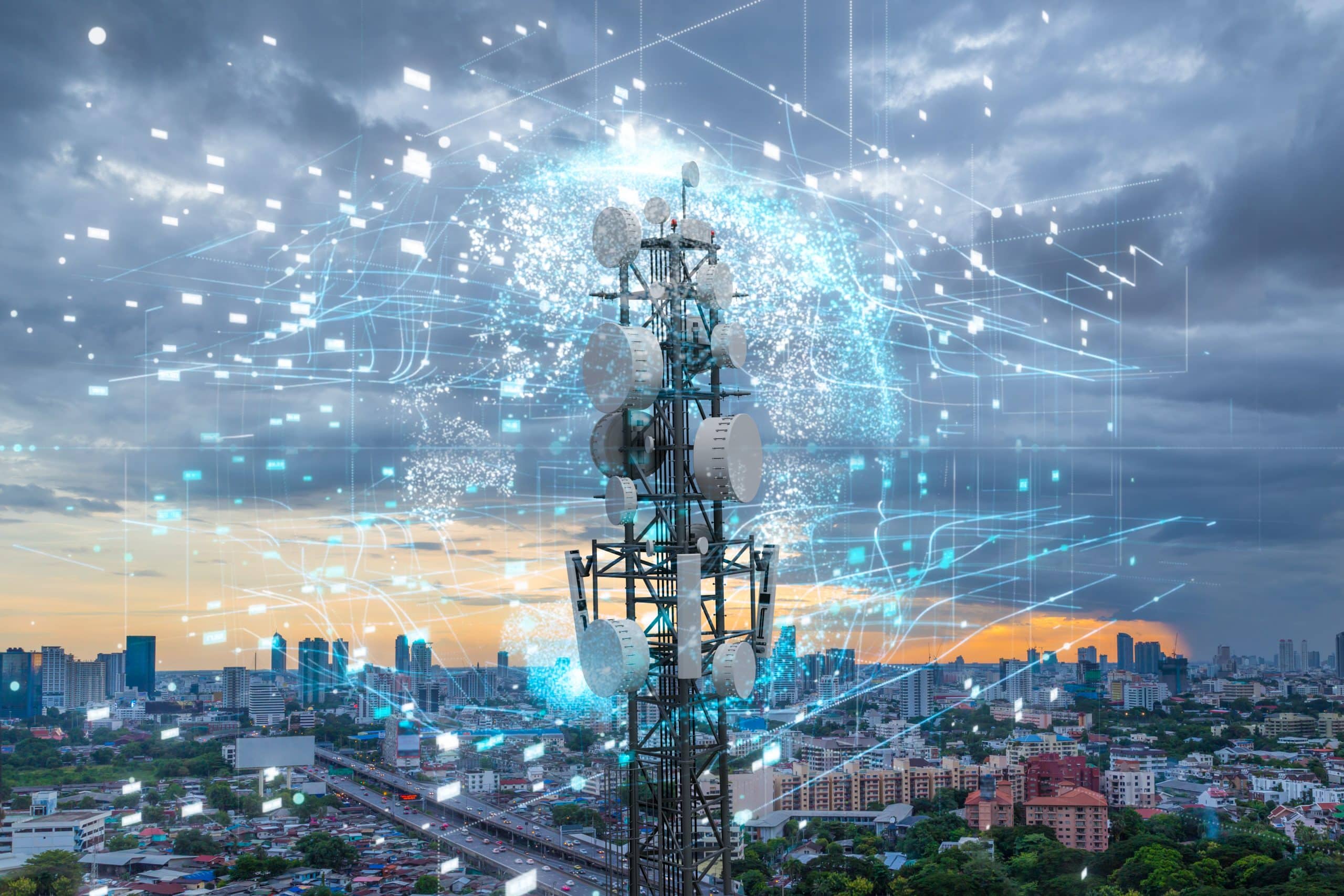 Telecommunication,Tower,With,5g,Cellular,Network,Antenna,On,City,Background,