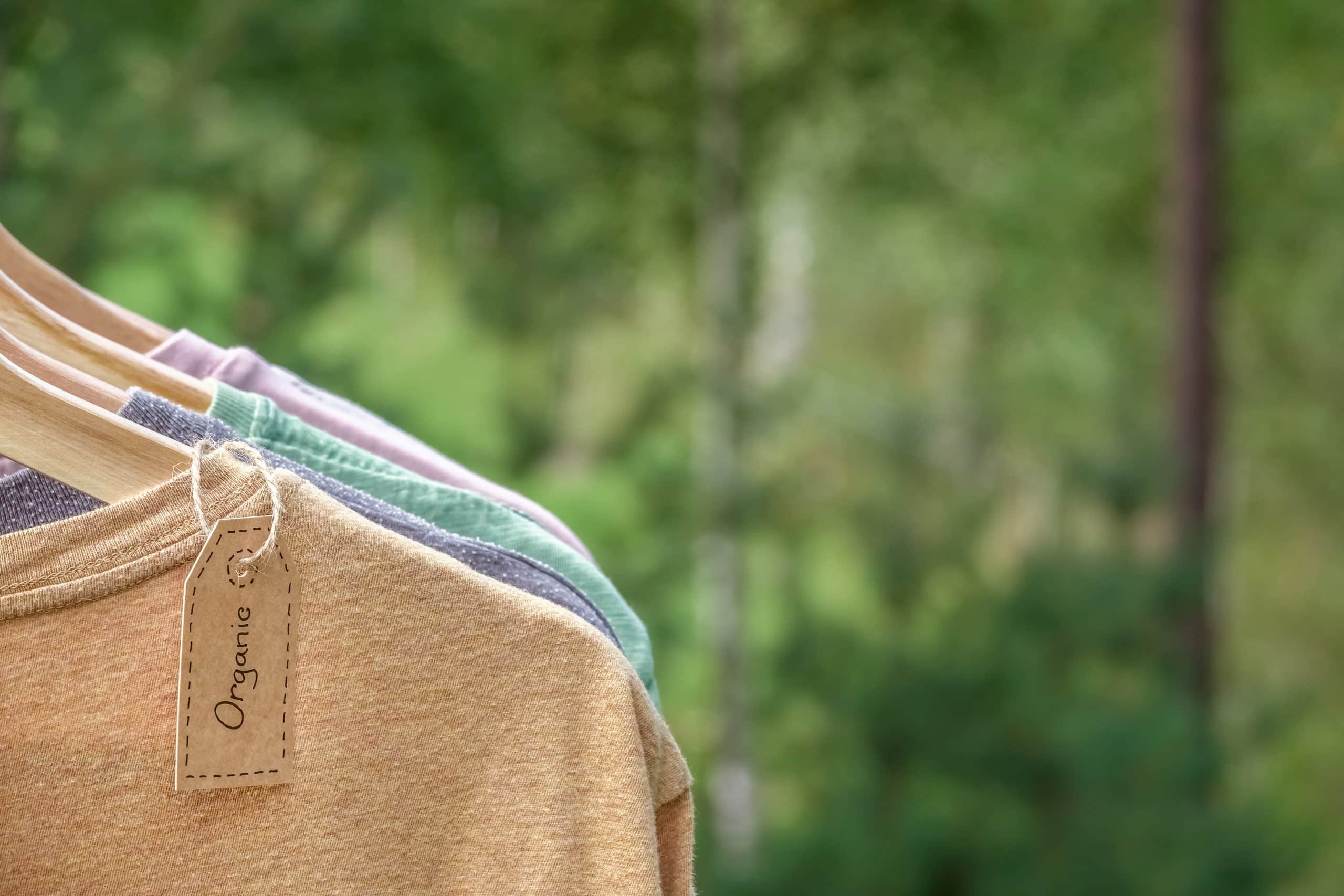Organic,Clothes.,Natural,Colored,T-shirts,Hanging,On,Wooden,Hangers,In